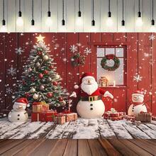 2D 1pc Christmas Backdrop - Santa Claus, Snowman, Christmas Tree, Gifts, Wreath & Cabin Pattern, No Power Needed, Durable Polyester Material, Indoor/Outdoor Holiday Party, Photo Booth, Home Decor, Cozy Winter Scene, 2D Flat Design, Suitable For Christmas Celebration & Warm Atmosphere
