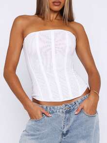 Women's Vintage Strapless Corset Tops Zip Back Boned Mesh Bustier Bodyshaper Tube Top - 白色 - 查看 2