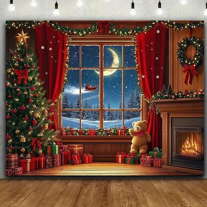 A Christmas-Themed Backdrop Featuring A Beautiful Christmas Tree, Fireplace, And Teddy Bear Decorations. Perfect For Christmas And Birthday Party Decorations, Suitable For Birthdays, Weddings, And Festive Occasions. Ideal Christmas Party Supplies.