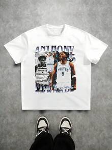 Anthony Edwards Wolves Digital Printed T Shirt Vintage Style 220g 1pcs Men's Casual Round Neck Short Sleeve 100% Cotton Tee Basketball Fan Apparel - trắng - Xem 1