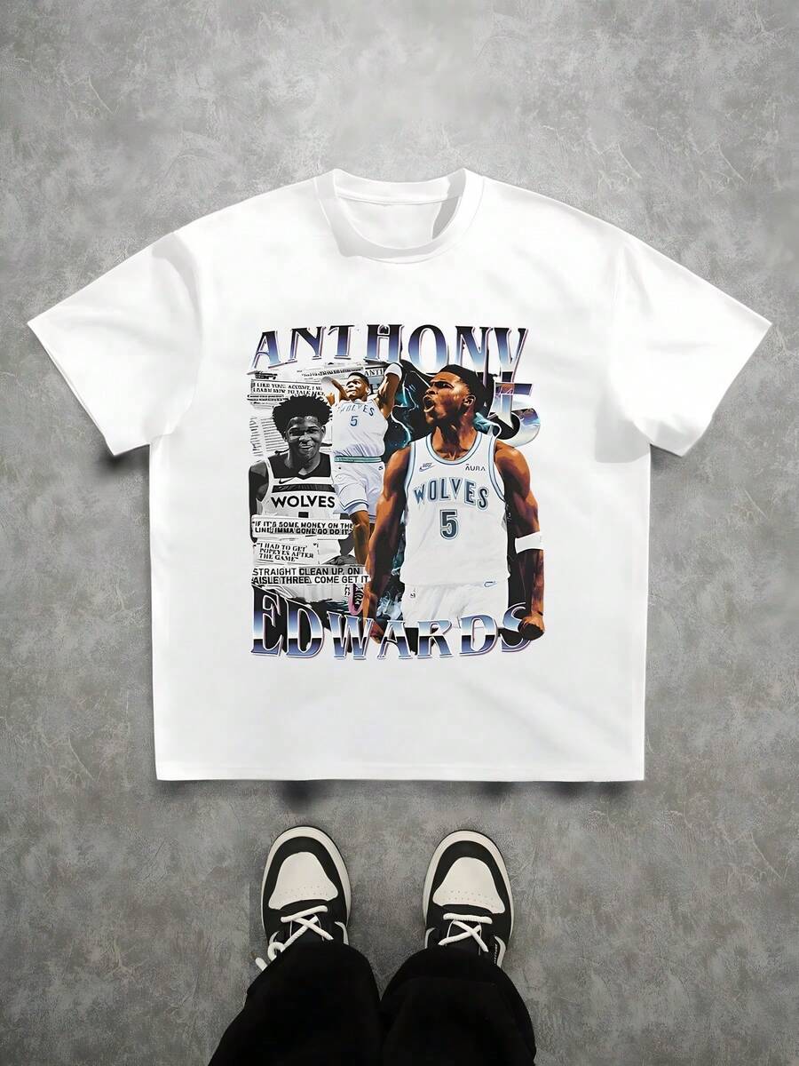 Anthony Edwards Wolves Digital Printed T Shirt Vintage Style 220g 1pcs Men's Casual Round Neck Short Sleeve 100% Cotton Tee Basketball Fan Apparel - trắng - Xem 1