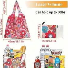 1 Stück faltbare, mehrfarbig bedruckte, aus Polyester gefertigte, tragbare, modische, strapazierfähige Einkaufstasche mit großer Kapazität, geeignet für Supermarkteinkäufe, Reisen, Aufbewahrung von Gemüse/Obst/Möbeln/Spielzeug, Rose Schreibtisch Tasche, auch geeignet für Feiertage/Feiern