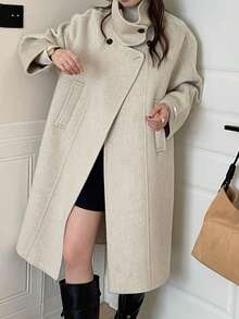 Fashionable Women's Long Double-Faced Wool Coat Long Sleeve Waterfall Neckline Drop Shoulder Design With Functional Buttons And Pockets Regular Fit Overcoat. - Beige - View 6