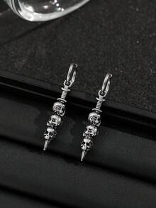 1 Pair Gothic Punk Silver Skull & Viking Axe Pendant Earrings, Suitable For Halloween And Cosplay - Antique Silver - View 8
