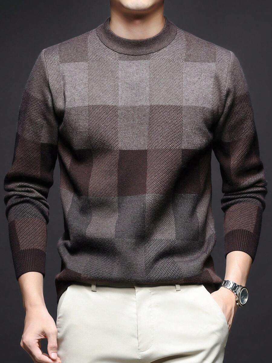 Men's Thick Round Neck Sweater, Business Casual Jacquard Knit Long Sleeve Top, Suitable For Layering Or Outerwear, Plaid & Striped Pattern, Autumn/Winter