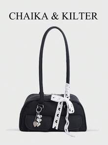 1 chiếc túi đeo vai nữ CHAIKA & KILTER bằng da PU màu trơn, kiểu dáng thời trang retro nhiều ngăn, dung tích lớn, túi Boston bowling có khóa kéo, phù hợp sử dụng hàng ngày và ngoài trời (Đã bán kèm mặt dây chuyền) - màu đen - Xem 2