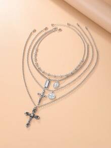 4pcs/8pcs Set Elegant Luxury Geometric Fine Chain Cross Pendant Necklace Set, Fashionable & Graceful For Couples, Suitable For Vacation, Party, Casual Daily Wear, Street Style, Holiday, Birthday, Versatile Necklace Gift - Necklace - View 7