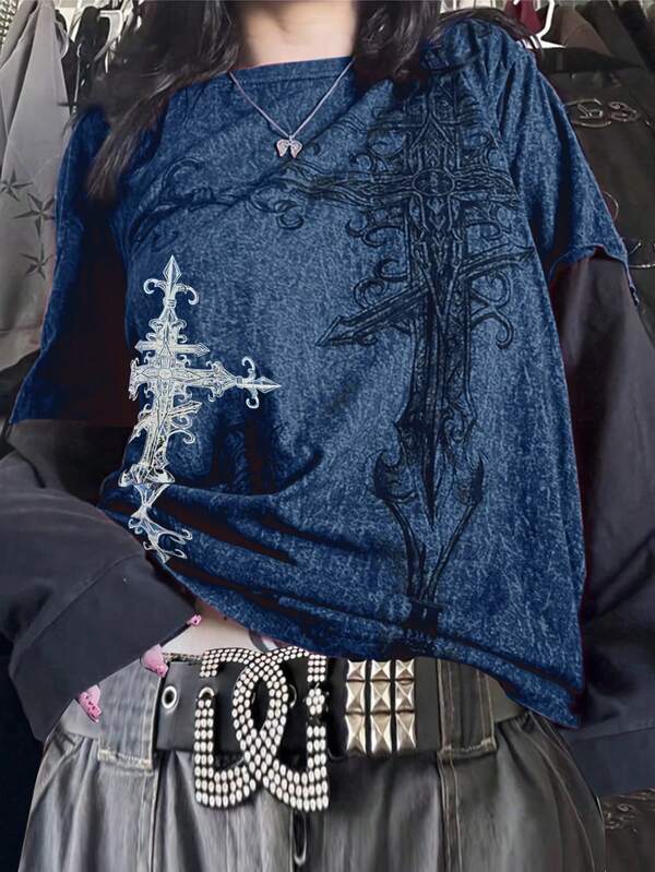 Kaos 2 in 1 Motif Silang Y2K Kontras Warna Patchwork Kasual Musim Semi