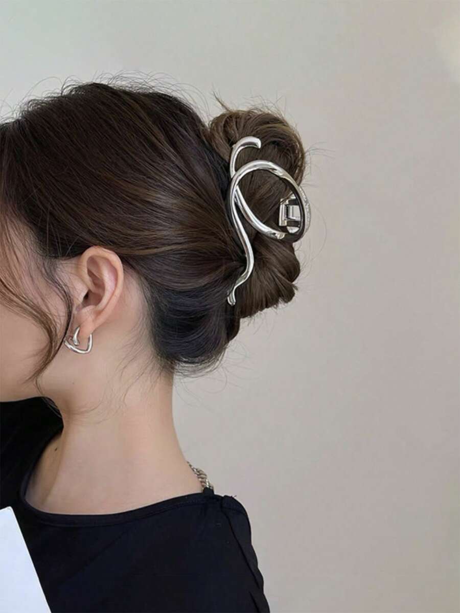 1 chiếc kẹp tóc kim loại rỗng thiết kế tối giản, cỡ lớn, phụ kiện búi tóc, phụ kiện tóc mùa thu, kẹp tóc mùa đông cho trang phục đi nghỉ mát, phụ nữ, mùa hè, đi biển. - Bạc - Xem 1