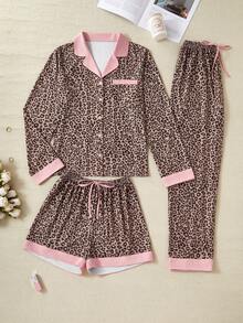 3pcs Set, Leopard Print, Versatile Styling Top & Shorts & Pants, Comfortable & Easy To Wear, Spring/Autumn, Fall Clothes - Camel - View 3
