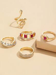 6pcs Vintage Fashion Devil's Eye Rhinestone Snake Geometric Ring Set, Elegant Holiday Style, Unique Gift, Suitable For Daily Wear, Holiday, Travel, Beach Outfit, Perfect Gift For Women, Her, Wife Or Friends, Christmas, Valentine's Day, Mother's Day, New Year Jewelry | Exquisite Accessories - Yellow Gold - View 3