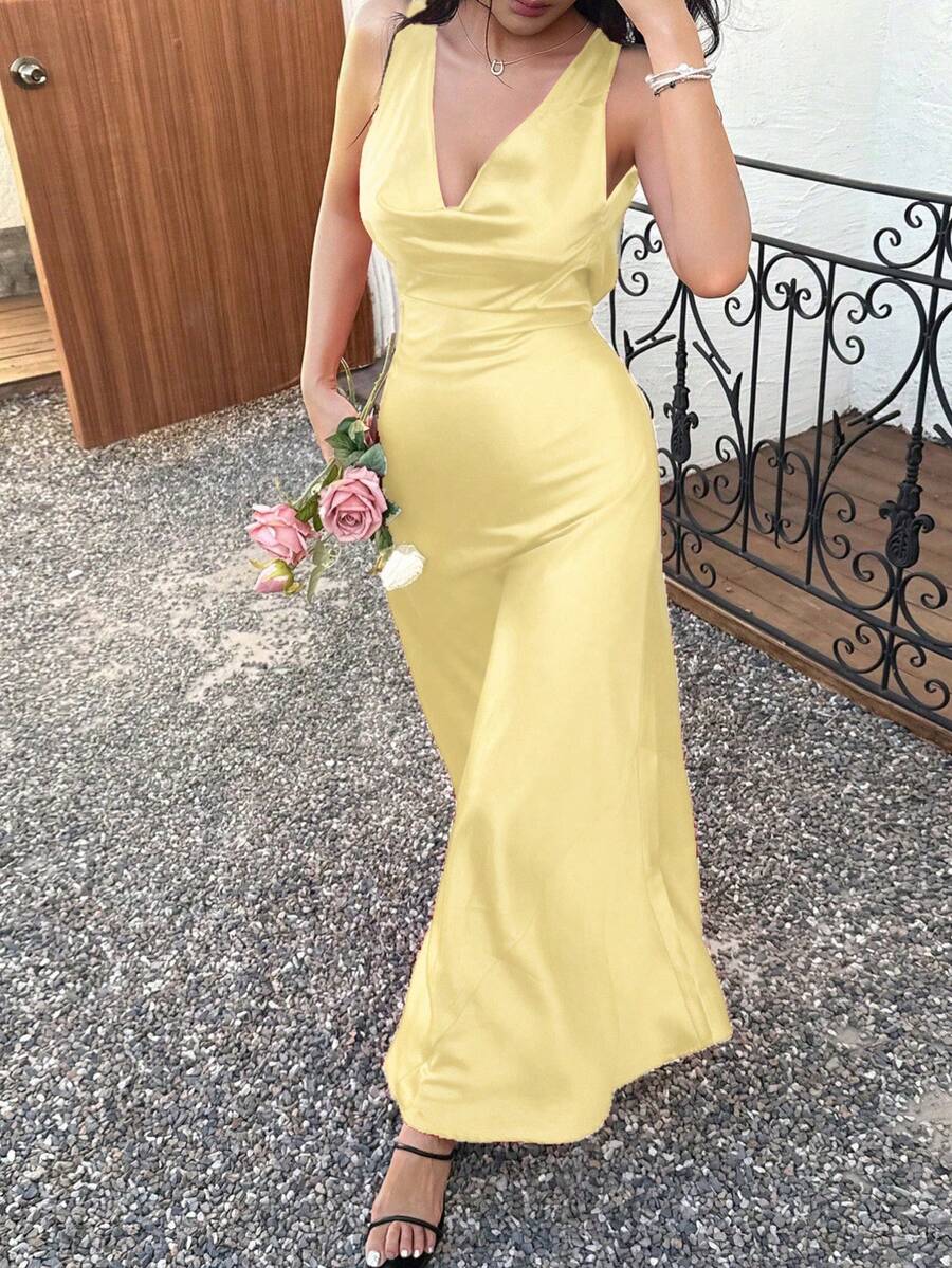 DEEKA 新款夏季时尚性感缎面感长款内衣风格派对连衣裙，适合夏季、节日、情人节、派对 - 黃色 - 查看 1