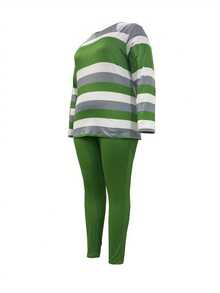 Plus Size Striped Long Sleeve Top And Solid Color Pants Set - Casual Polyester Blend With Pocket Detail, Medium Stretch Fabric, Round Neck Women'S Plus Size Outfit - màu xanh lá - Xem 3