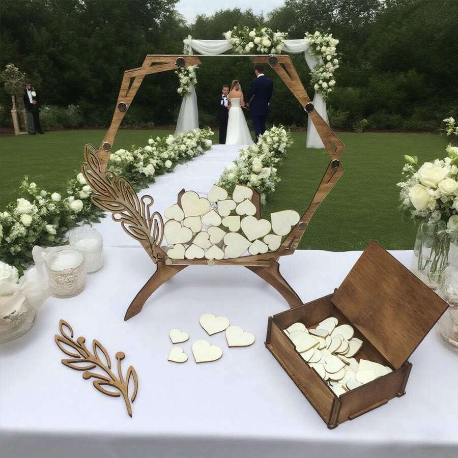 Rustic Wedding Guest Book With Wooden Box And 81 Tokens - Perfect For Anniversary, Birthday, And Special Occasions To Collect Heartfelt Messages, Wedding Guest Book - Multicolor - View 1
