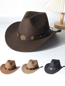 1pc Unisex Western Cowboy Hat, Decorated With A Detachable Floral Gemstone Bull Head Belt - 100% Polyester Hand-Woven Jazz Top Hat, Non-Elastic, Lightweight Design, Suitable For Outdoor Activities, Horseback Riding, Party Stage Performances, Birthday Parties