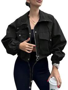 Womens Cropped Zip Up Lightweight Oversized Utility Anorak Coat With Pockets, Style EBU0 - Black - View 1