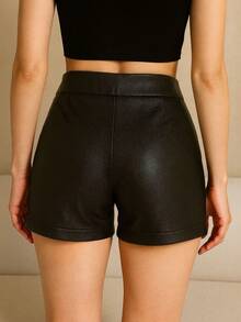 Women's PU Leather Shorts High Waist Button Zipper Side Pockets Elegant / Versatile - Black - View 2