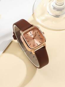 1 件/套时尚青少年纤薄表盘皮革表带石英手表，适合生日礼物、万圣节礼物， - 巧克力棕 - 查看 2