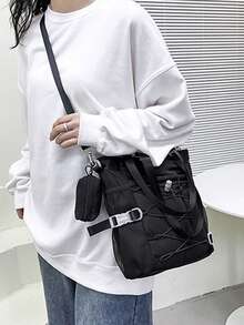 Back To School Casual Niche Design Canvas Backpack, Korean Style Versatile Fashion Handbag & Shoulder Bag, Large Capacity - Black - View 7