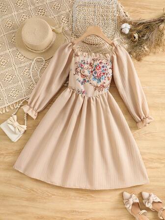 Elegant klänning i fransk stil med blommönster och långärmad krage, åtsittande i midjan för flickor, 8–12 år