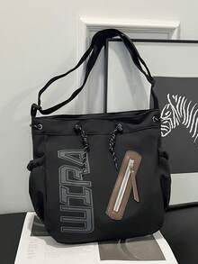 Túi tote vải nylon trơn in chữ trang trí dung tích lớn mới cho mùa xuân/hè, túi đeo chéo cho nữ, túi học sinh - màu đen - Xem 3