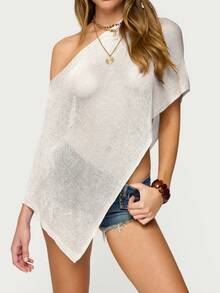 Women's Sheer Ponchos Off Shoulder Short Sleeve Solid Color T-Shirts Asymmetrical Knit Tops - White - View 1