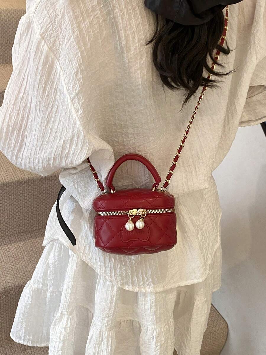 1pc Fashionable Vintage Cute Mini Lipstick Bag, Versatile Stylish Faux Pearl Decor Shoulder Crossbody Bag, Suitable For Girls Daily Outing And Shopping