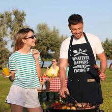 Funny Chef Apron For & - Adjustable Cooking Apron With "Whatever Happens We're Eating It" Slogan & /Fork Design - Heavy-Duty BBQ Apron, One Size Fits All - Ideal Gift For Dad, Mom, Chefs (Black/White) - Đen- - Xem 4