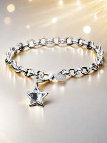 1 pieza Pulsera de plata de ley 925 con pentágono y cristal de circonita, joya de regalo versátil y minimalista de moda para mujeres - Plateado - Ver 4
