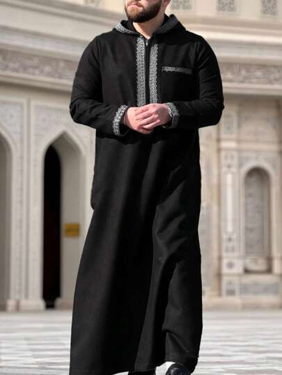 New Moroccan Men's Thobe Long Sleeve Embroidered Hooded Design Muslim Men's Abaya Islamic Loose Men's Jelleba Saudi Arabian Traditional Clothing