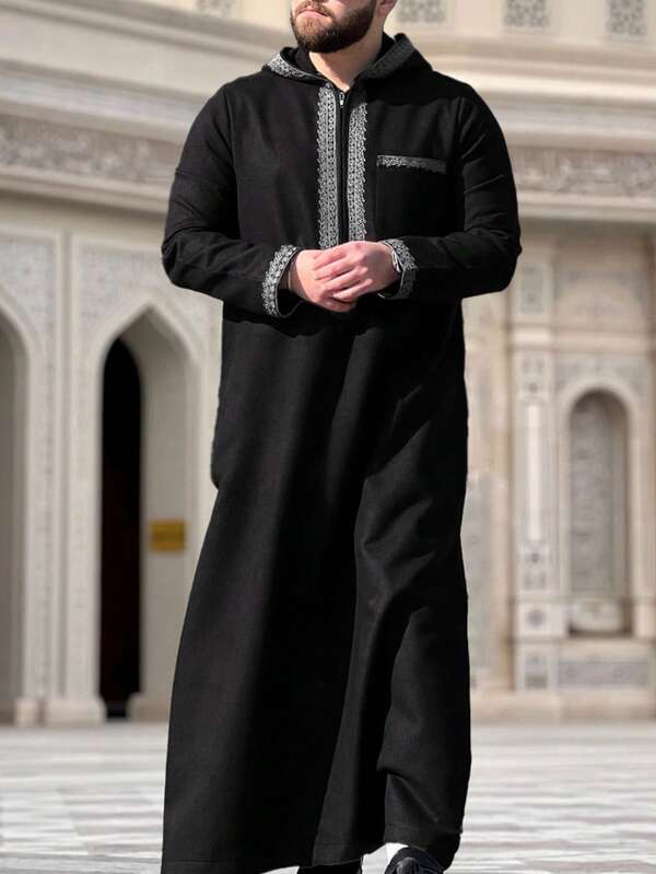 New Moroccan Men's Thobe Long Sleeve Embroidered Hooded Design Muslim Men's Abaya Islamic Loose Men's Jelleba Saudi Arabian Traditional Clothing