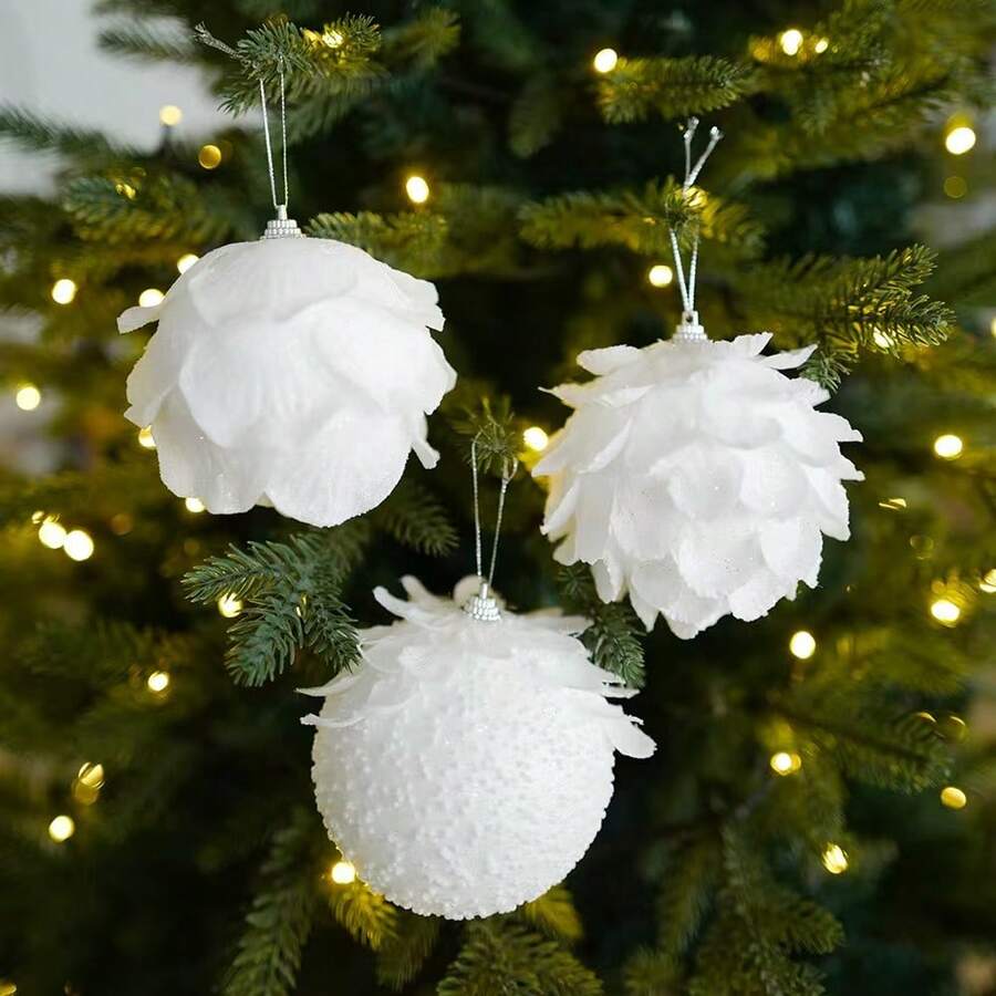 3pcs Christmas White Petal Ornament Balls, Christmas Atmosphere Decor, Foam Decorations For Christmas Tree - أبيض - مشاهدة 1