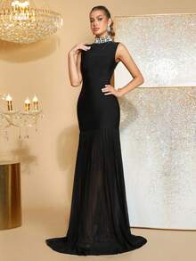 Đầm dạ hội dài tay đính hạt kim cương đính đá thủ công màu đen gợi cảm hở vai, dáng ôm vừa vặn, sang trọng dành cho khách dự tiệc cưới, tiệc ngày lễ, tiệc tối trang trọng dành cho quý cô - màu đen - Xem 5