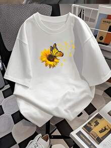 Elegante camiseta con estampado de girasoles y mariposas para mujer, mezcla de algodón suave, gráfico floral vibrante, estilo informal de verano, diseño inspirado en la naturaleza, camiseta de ajuste cómodo. - Blanco - Ver 2