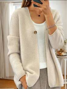 Plus Size Fashionable Minimalist Elegant Versatile Button Cardigan Knit Sweater - Light Brown - View 2