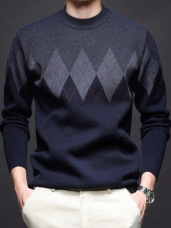 เสื้อสเวตเตอร์คอกลมหนาสำหรับผู้ชาย, เสื้อถัก Jacquard แขนยาวลำลองธุรกิจ, เสื้อเลเยอร์อเนกประสงค์, ลายสก็อต & ลายทาง, ฤดูใบไม้ร่วง/ฤดูหนาว