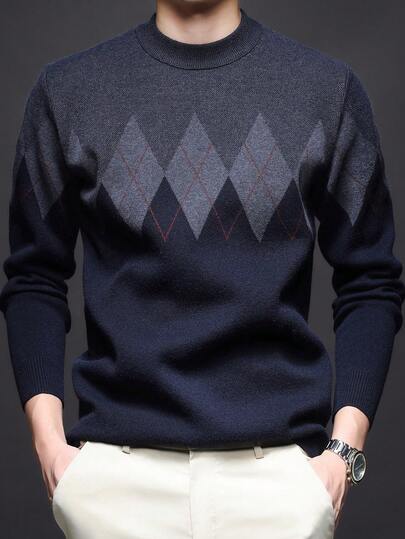男士厚圆领毛衣，商务休闲提花针织长袖上衣，百搭叠穿单品，格子条纹图案，秋冬