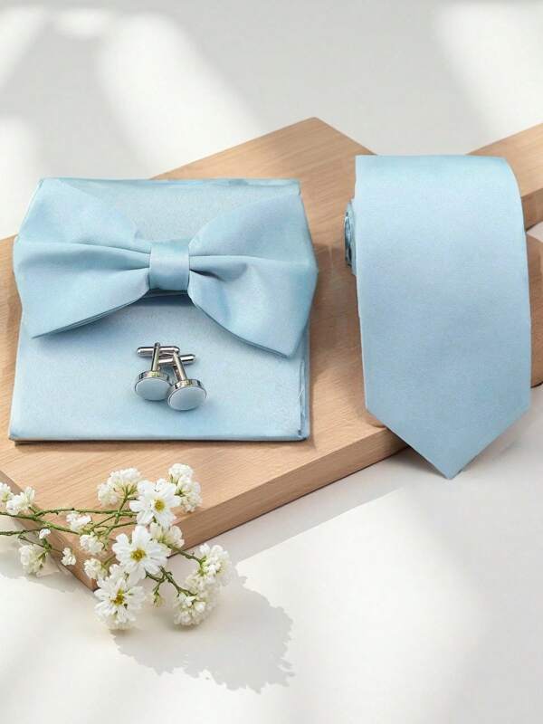 Conjunto de 4 peças de gravata azul-celeste de 3,1 polegadas, gravata borboleta, lenço de bolso, conjunto de abotoaduras, adequado para uso diário, eventos empresariais, casamentos, festas, presentes de Natal