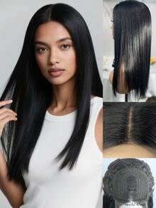 22 英寸合成长直蕾丝前假发，黑色预切 4x1 T 部分蕾丝，180% 密度，耐热高温纤维发丝，蕾丝假发基础系列 - 黑色 - 查看 3