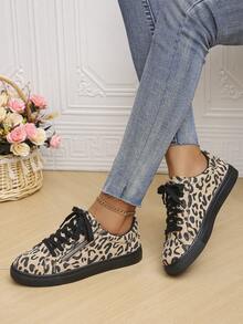 Giày thể thao ngoài trời thời trang mới dành cho nữ, giày thể thao buộc dây thoải mái, đa năng, có khóa kéo bên hông, họa tiết da báo, vá lỗi - Nhiều màu - Xem 3