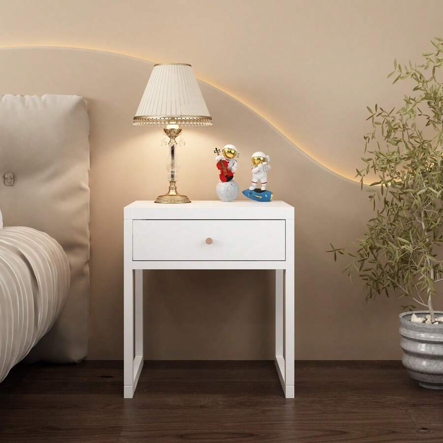 Modern White Nightstand With Drawer, Minimalist Bedside Table With Wood Knob, Compact End Table For Bedroom, Apartment, Or Small Spaces, Easy Assembly - 白色 - 查看 1