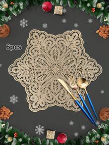 1/4/6pcs Christmas Lace Snowflake PVC Gold Foil Placemats, Christmas Hotel Restaurant Decor Heat Insulation Non-Slip Table Mats, Suitable For Wedding Party, Valentine's Day, Holiday Celebration, Picnic, Birthday Banquet Table Decoration
