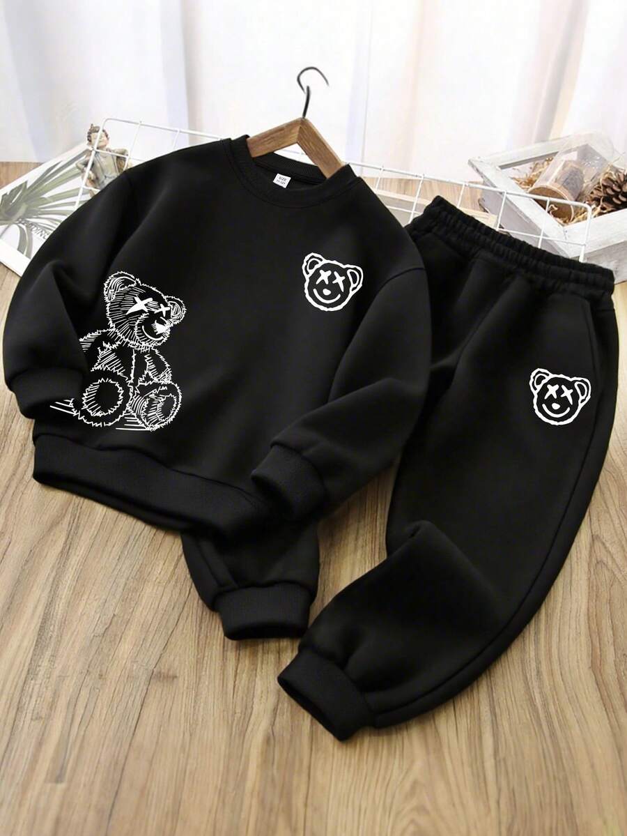 2 - Piece Set Tween Boy Street Style Bear Print Set, Comfortable And Elastic, Spring Autumn Daily Leisure Wear - Black - View 1