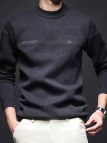 男士厚圆领毛衣，商务休闲提花针织长袖上衣，适合分层穿着或外套，格子和条纹图案，秋冬