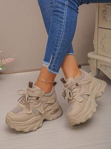 2025 New Petite Women's Platform Sneakers, White Lace-Up Casual Athletic Shoes, Thick Sole Wedge Heels, Versatile - Brown - View 4