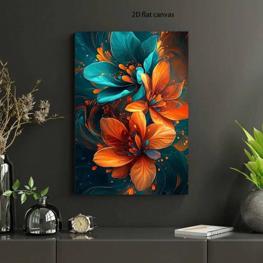 Large Vibrant Orange & Teal Floral Canvas Wall Art With Golden Swirls - Framed Modern Wrapped Canvas Painting Living Room, Bedroom, Dining Room Decor - Indoor Home Decoration, 2D Flat, Room Decor - 彩色 - 查看 1