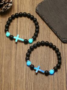 1pc Volcano Stone Night Glow Vintage Bracelet, Multicolor Luminous Cross Beads Jewelry For Boys And Girls