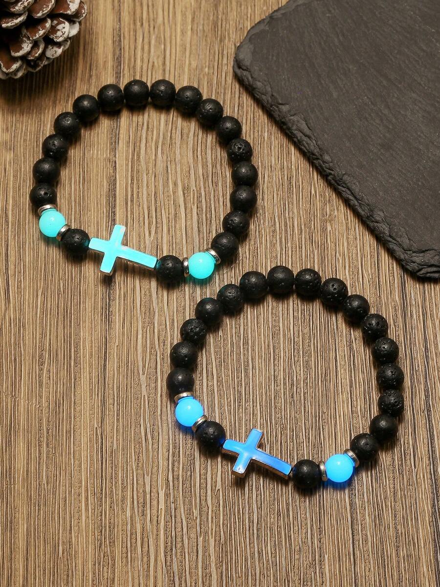 1pc Volcano Stone Night Glow Vintage Bracelet, Multicolor Luminous Cross Beads Jewelry For Boys And Girls