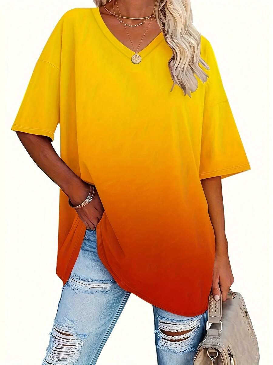 Plus Size Gradient Print V Neck T-Shirt, Casual Short Sleeve Top For Spring & Summer, Women'S Plus Size Clothing - 黃色 - 查看 1
