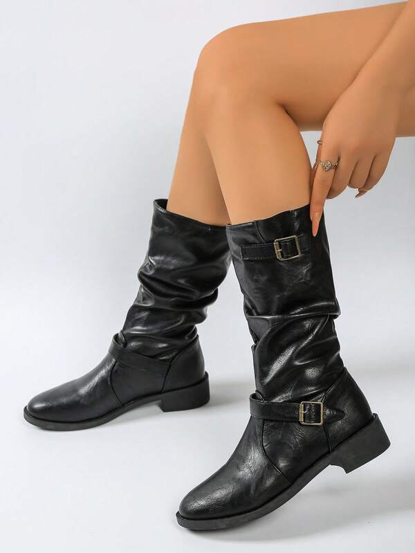 Herbst/Winter 2025 Vintage plissierte schlankmachende lässige Stiefel, Veloursleder flacher Keilabsatz Overknee-Stiefel, Western-Stil Kniehohe Reitstiefel, Schwarze Overknee-Stiefel für Frauen